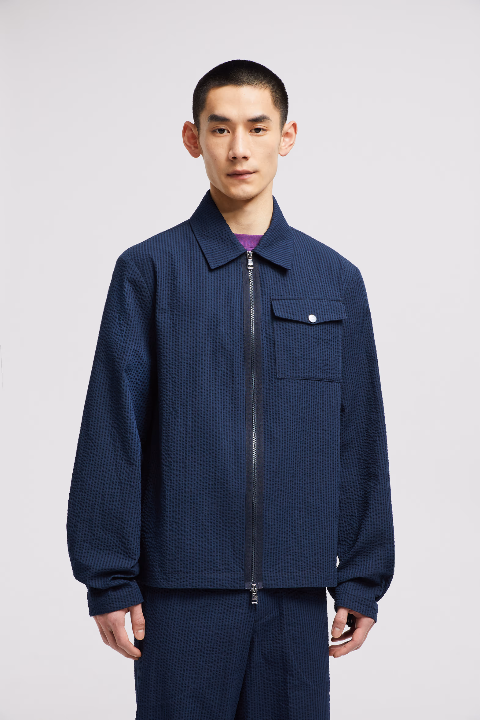 Seersucker Shirt Jacket Men Dark Blue Moncler 0